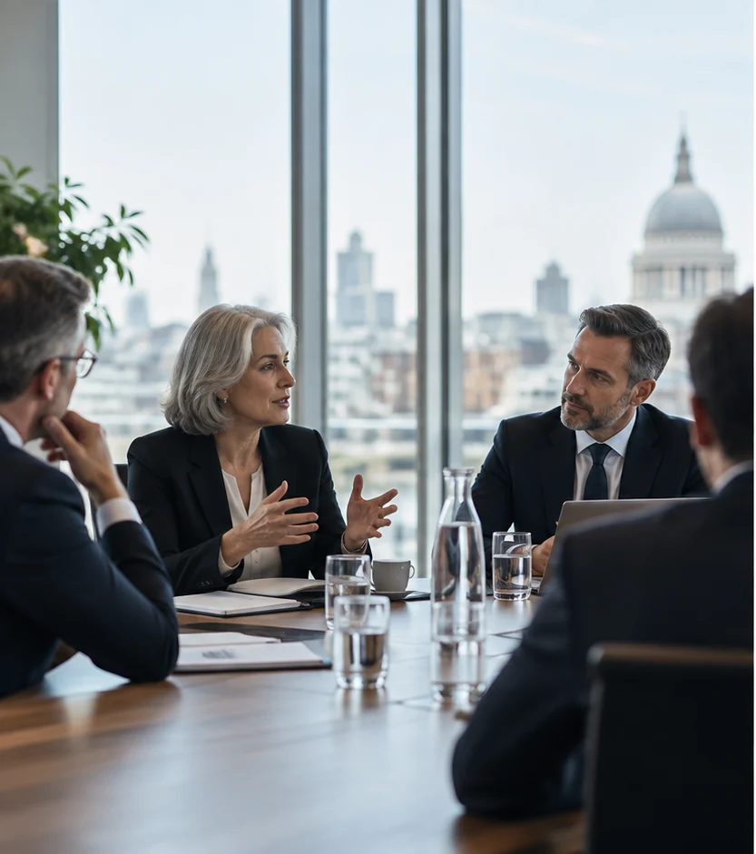 Senior executives discussing strategy around a boardroom table