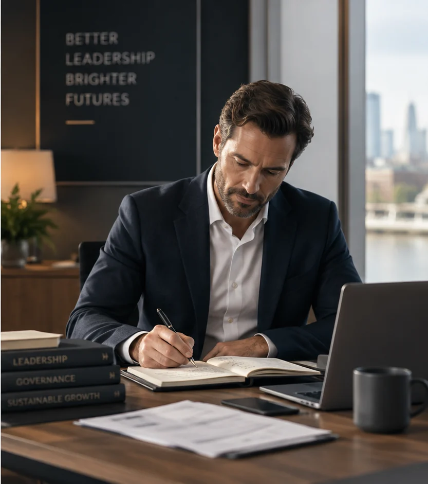 Executive writing leadership and governance notes at a desk before an interview